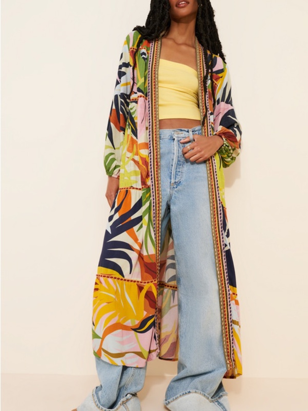 Long Open-Front Botanical Print Kimono Coat in Multicolor